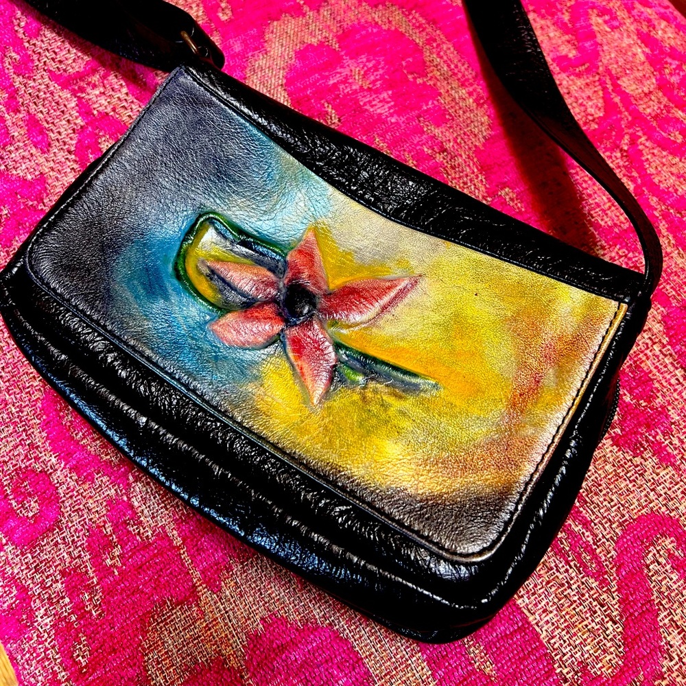 Handmade, hand painted Quebec made leather purse. One of a kind